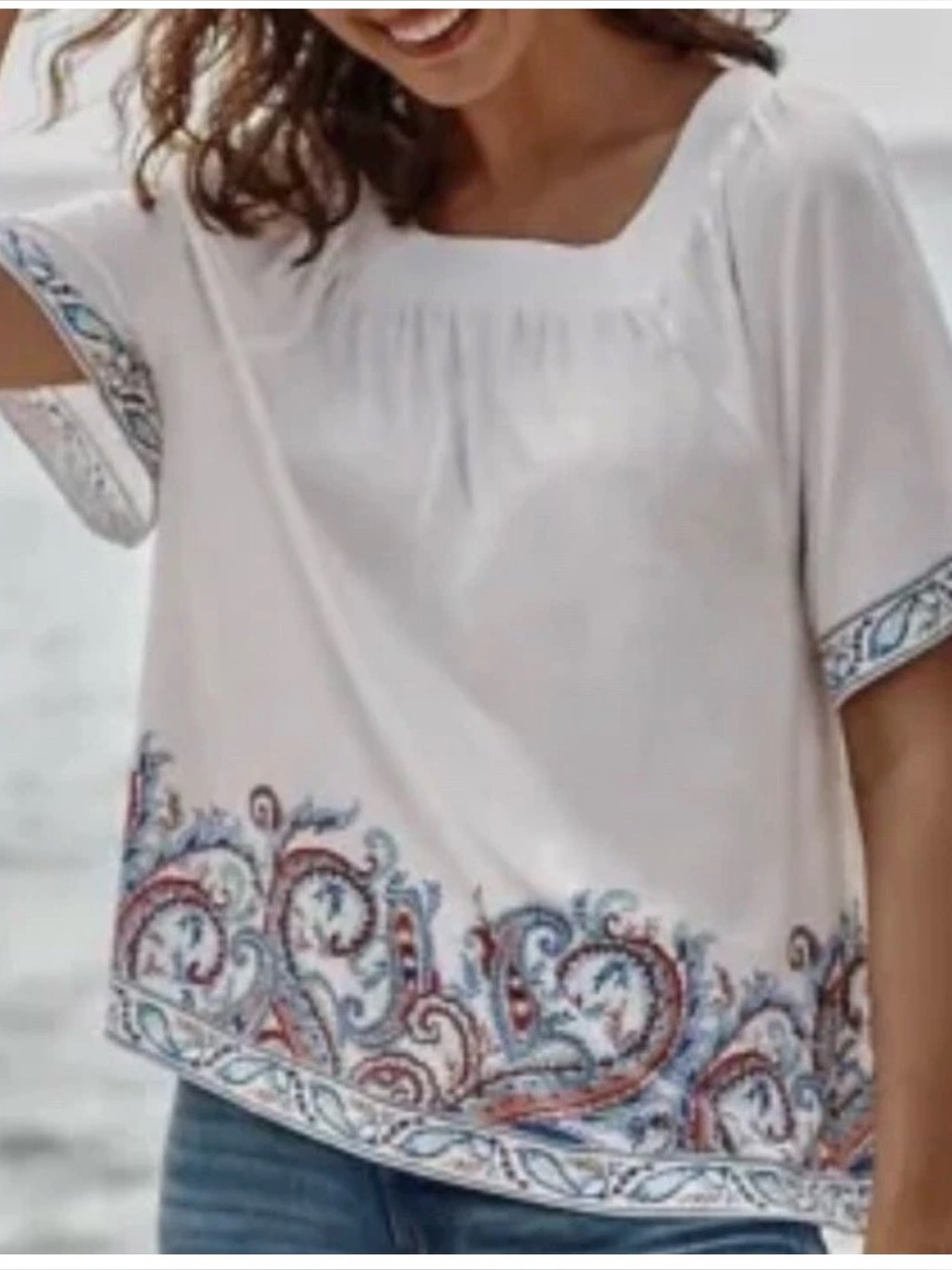 J.Jill 3XL White Print Square-neck Cotton Blend Elbow Sleeve Top EUC